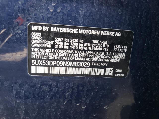 5UX53DP09N9M83029 - 2022 BMW X3 XDRIVE30I Blau Foto 12