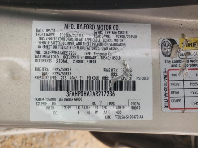 3FAHP0HA1AR217236 - 2010 FORD FUSION SE BEIGE photo 12