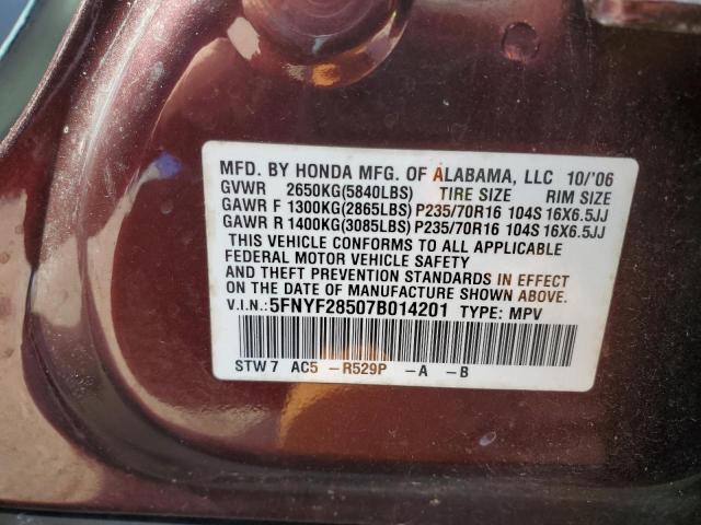 5FNYF28507B014201 - 2007 HONDA PILOT EXL BURGUNDY photo 14