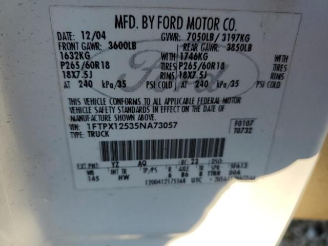 1FTPX12535NA73057 - 2005 FORD F150 WHITE photo 12