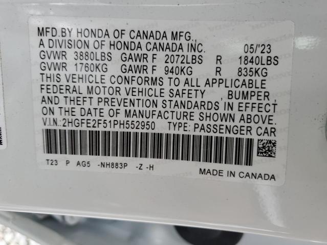 2HGFE2F51PH552950 - 2023 HONDA CIVIC SPORT WHITE photo 13