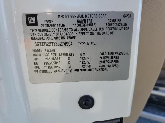 5GZER23728J274904 - 2008 SATURN OUTLOOK XR თეთრი ფოტო 13