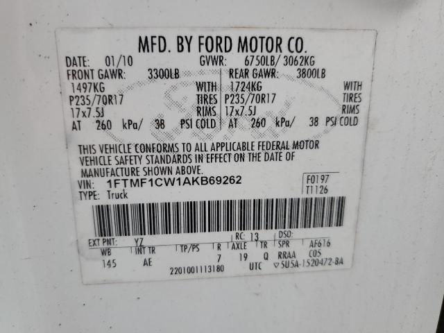 1FTMF1CW1AKB69262 - 2010 FORD F150 WHITE photo 12