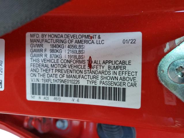19XFL1H79NE010226 - 2022 HONDA CIVIC EXL წითელი ფოტო 12