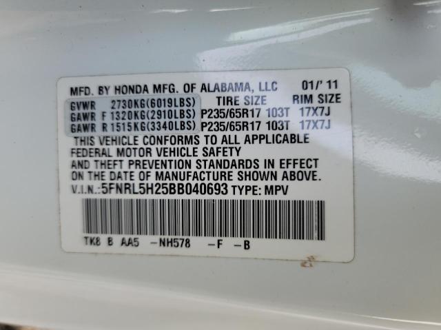 5FNRL5H25BB040693 - 2011 HONDA ODYSSEY LX WHITE photo 10