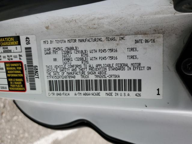 5TFRX5GN7GX070940 - 2016 TOYOTA TACOMA ACCESS CAB WHITE photo 12