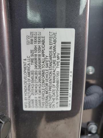 5FNYF5H56NB017053 - 2022 HONDA PILOT EXL GRAY photo 13