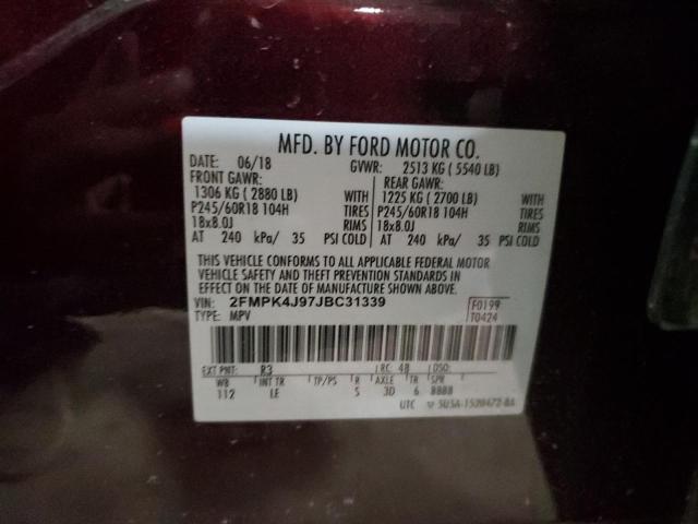 2FMPK4J97JBC31339 - 2018 FORD EDGE SEL 勃艮第红 照片 12