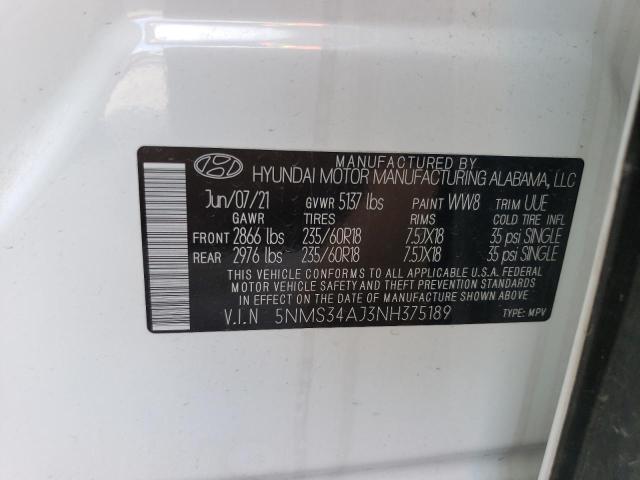 5NMS34AJ3NH375189 - 2022 HYUNDAI SANTA FE SEL Սպիտակ լուսանկար 13