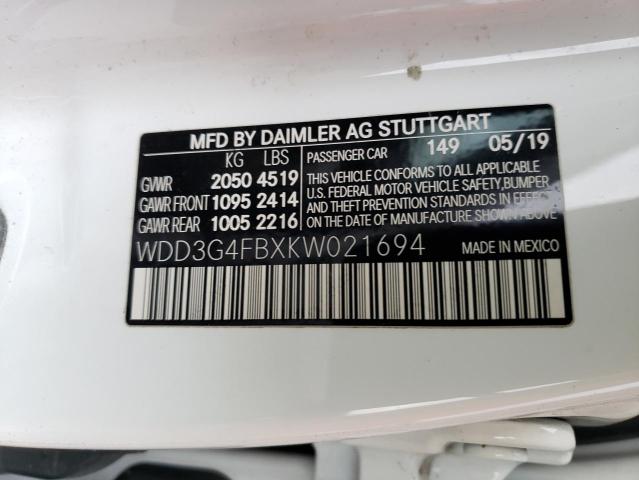 WDD3G4FBXKW021694 - 2019 MERCEDES-BENZ A 220 4MATIC WHITE photo 12