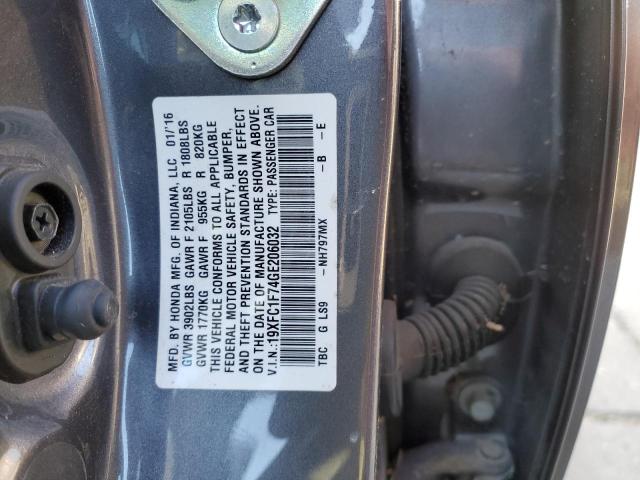 19XFC1F74GE206032 - 2016 HONDA CIVIC EXL ნაცრისფერი ფოტო 12