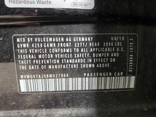 WVWGV7AJ0BW021964 - 2011 VOLKSWAGEN GTI BLACK photo 12