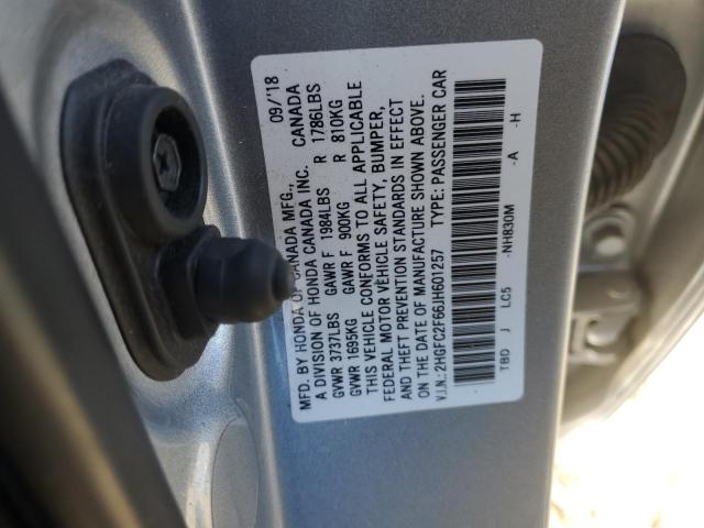 2HGFC2F66JH601257 - 2018 HONDA CIVIC LX SILVER photo 12