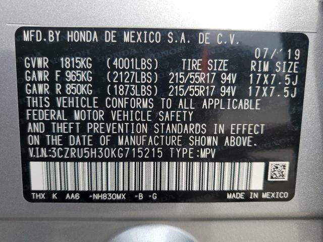 3CZRU5H30KG715215 - 2019 HONDA HR-V LX SILVER photo 12