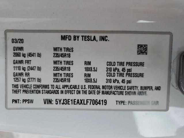 5YJ3E1EAXLF706419 - 2020 TESLA MODEL 3 WHITE photo 12