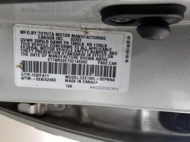 2T1BR32E73C145202 - 2003 TOYOTA COROLLA CE SILVER photo 12