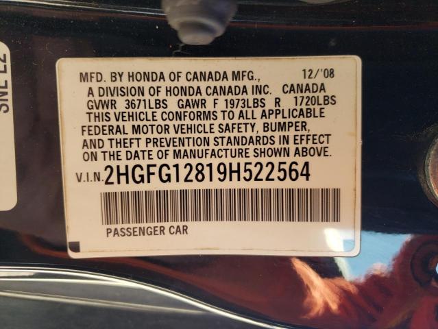 2HGFG12819H522564 - 2009 HONDA CIVIC EX BLACK photo 13