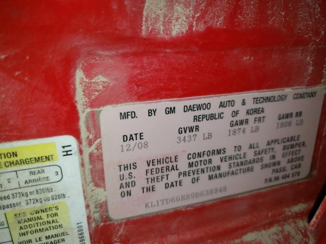 KL1TD66E89B638948 - 2009 CHEVROLET AVEO LS 红色 照片 12