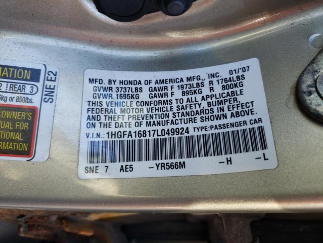 1HGFA16817L049924 - 2007 HONDA CIVIC EX TAN photo 13