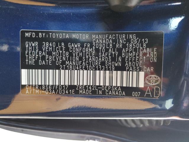 2T1BU4EE1DC113119 - 2013 TOYOTA COROLLA BASE BLUE photo 12