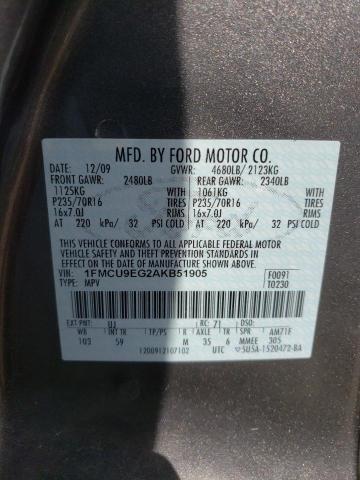 1FMCU9EG2AKB51905 - 2010 FORD ESCAPE LIMITED GRAY photo 10