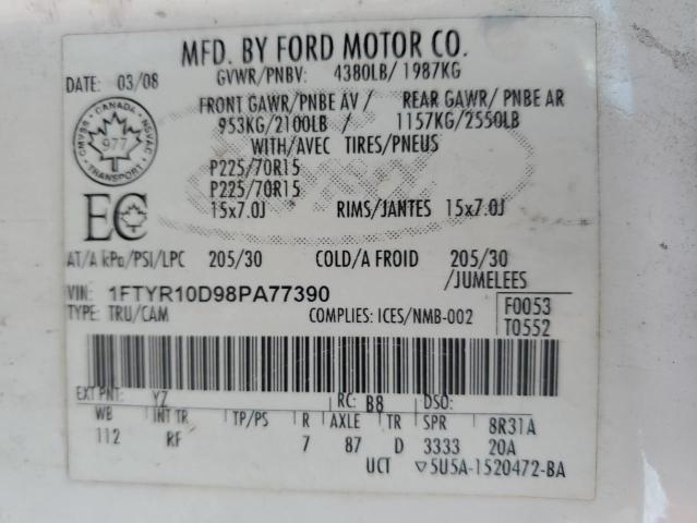 1FTYR10D98PA77390 - 2008 FORD RANGER WHITE photo 12