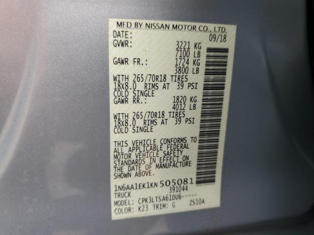 1N6AA1EK1KN505081 - 2019 NISSAN TITAN S SILVER photo 12