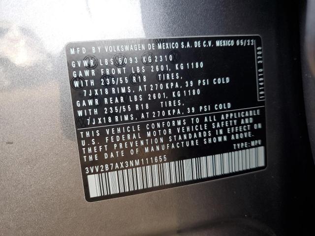 3VV2B7AX3NM111655 - 2022 VOLKSWAGEN TIGUAN SE ნაცრისფერი ფოტო 12