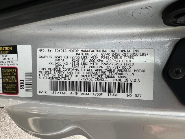 5TEUU42N38Z475112 - 2008 TOYOTA TACOMA ACCESS CAB ვერცხლისფერი ფოტო 10