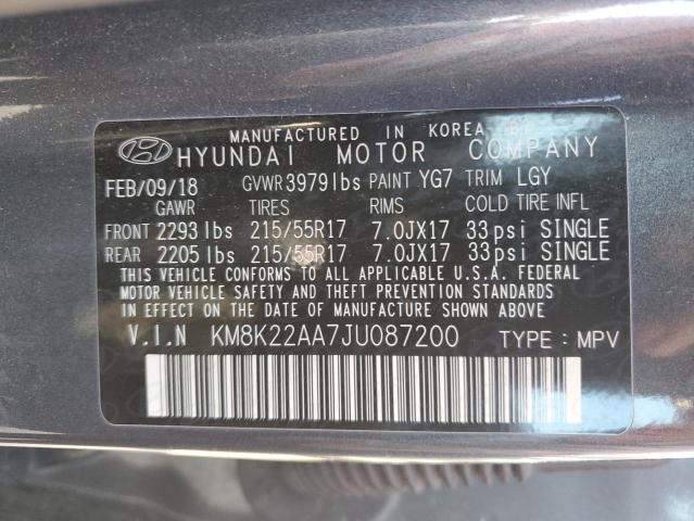 KM8K22AA7JU087200 - 2018 HYUNDAI KONA SEL GRAY photo 12