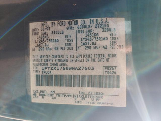 1FTZX1760WNA27603 - 1998 FORD F150 BLUE photo 12