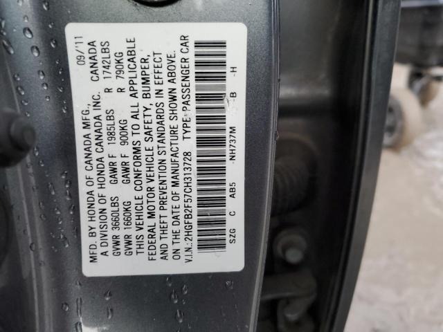 2HGFB2F57CH313728 - 2012 HONDA CIVIC LX GRAY photo 13