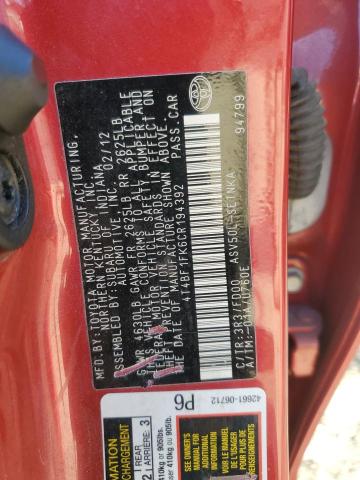 4T4BF1FK6CR194392 - 2012 TOYOTA CAMRY BASE RED photo 12