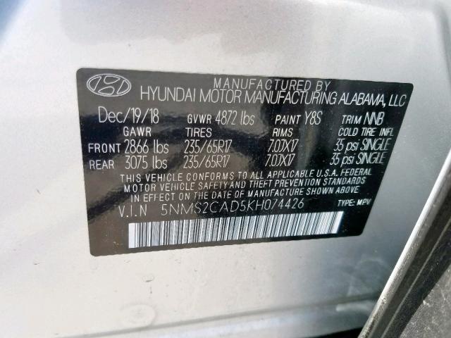 5NMS2CAD5KH074426 - 2019 HYUNDAI SANTA FE SE  photo 10