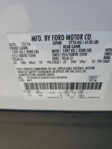 1FM5K7D85GGC30204 - 2016 FORD EXPLORER XLT WHITE photo 13