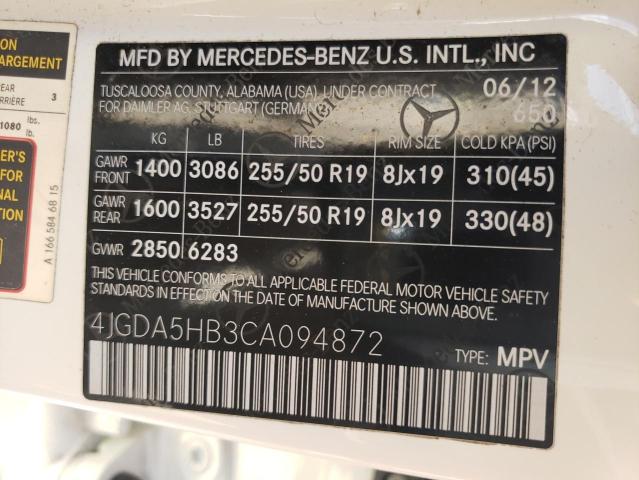 4JGDA5HB3CA094872 - 2012 MERCEDES-BENZ ML 350 4MATIC WHITE photo 12