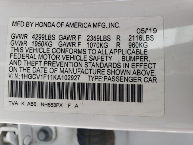 1HGCV1F11KA102927 - 2019 HONDA ACCORD LX WHITE photo 12