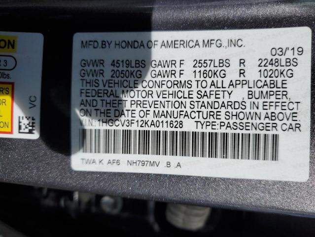 1HGCV3F12KA011628 - 2019 HONDA ACCORD HYBRID GRAY photo 12