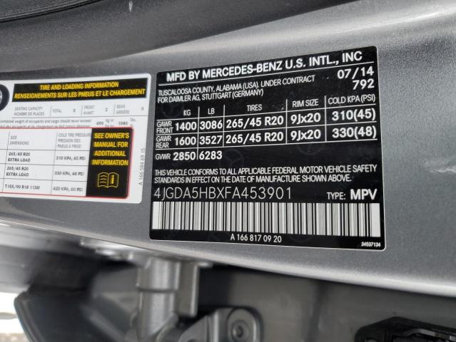 4JGDA5HBXFA453901 - 2015 MERCEDES-BENZ ML 350 4MATIC GRAY photo 13