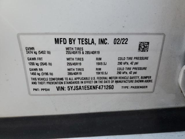 5YJSA1E5XNF471260 - 2022 TESLA MODEL S თეთრი ფოტო 12