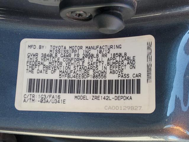 5YFBU4EE9DP108556 - 2013 TOYOTA COROLLA BASE GRAY photo 12