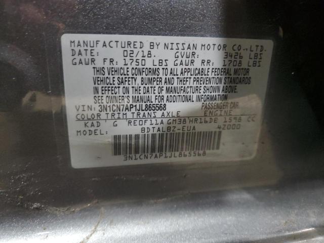 3N1CN7AP1JL865568 - 2018 NISSAN VERSA S GRAY photo 12