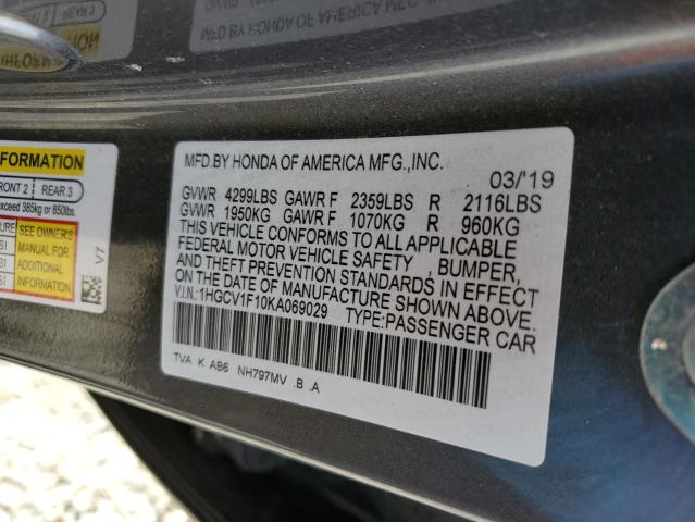 1HGCV1F10KA069029 - 2019 HONDA ACCORD LX GRAY photo 12