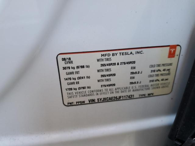 5YJXCAE26JF117431 - 2018 TESLA MODEL X WHITE photo 12