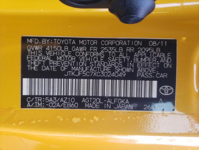 JTKJF5C7XC3024049 - 2012 TOYOTA SCION TC 黄色 照片 12