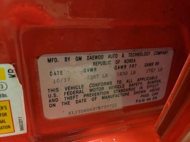 KL1TD66697B737722 - 2007 CHEVROLET AVEO BASE Qırmızı foto 12