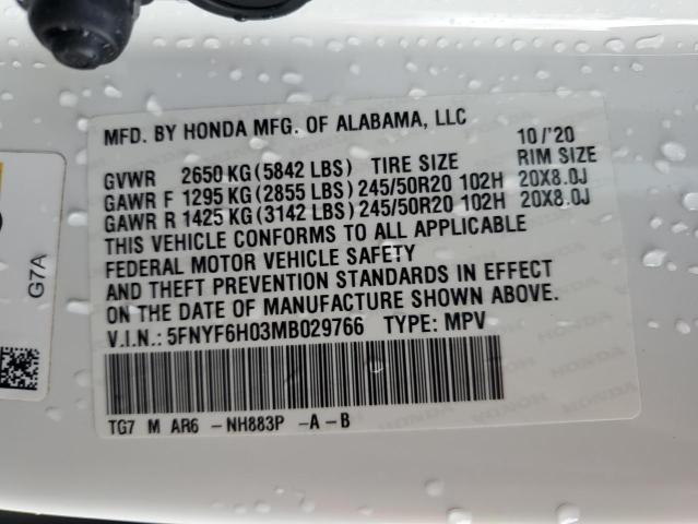 5FNYF6H03MB029766 - 2021 HONDA PILOT ELITE WHITE photo 12