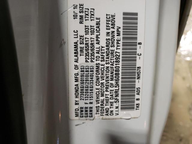 5FNRL5H60BB018927 - 2011 HONDA ODYSSEY EXL WHITE photo 13