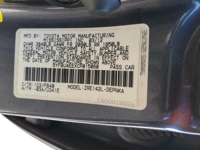 5YFBU4EEXCP015060 - 2012 TOYOTA COROLLA BASE GRAY photo 12