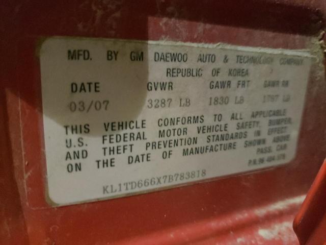 KL1TD666X7B783818 - 2007 CHEVROLET AVEO BASE RED photo 12